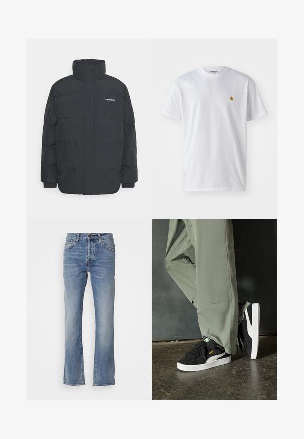 Chaqueta de plumas negra con cuello alto, cierre de cremallera frontal y puños elásticos. Cuenta con un bolsillo y un pequeño logo en el pecho. Superficie texturizada.; Camiseta de algodón blanca con mangas cortas, cuello redondo, que presenta un pequeño logo dorado en la parte izquierda del pecho. Textura suave y corte regular.; Jeans de denim azul claro con un diseño de pierna recta, que cuentan con cinco bolsillos y un pequeño botón metálico en la cinturilla. Detalle de dobladillo deshilachado.; Zapatillas de ante negras con suelas de goma blancas y rayas laterales, combinadas con pantalones cargo verde claro, de pie sobre una superficie oscura texturizada.