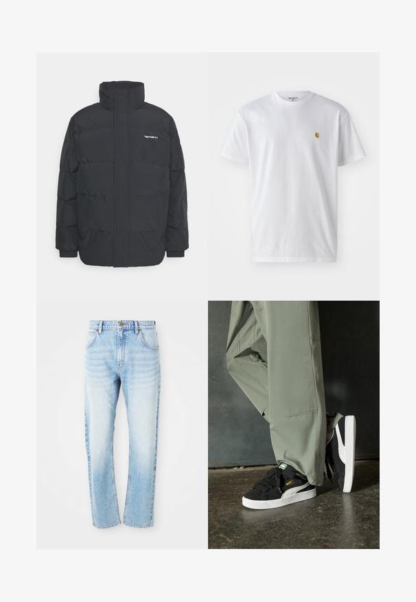 Musta puhvijaakku korkealla kauluksella, vetoketjukiinnitys edessä ja joustavat hihansuut. Varustettu taskulla ja pienellä logolla rintakehässä. Rakeinen pinta.; Valkoinen puuvillapaita lyhyillä hihoilla, pyöreä kaula-aukko, jossa on pieni kultainen logo vasemmassa rintapielessä. Pehmeä kangas ja normaali istuvuus.; Vaaleansiniset suorat farkut, joissa on etutaskut, vyölenkit ja nappisuljenta.; Mustat mokkakengät, joissa on valkoiset kumipohjat ja sivuraitoja, yhdistettynä vaaleanvihreisiin cargo-housuihin, seisoen tummalla teksturoidulla pinnalla.