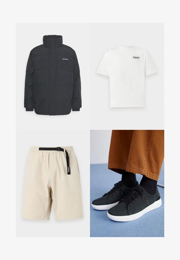 Black puffer jacket with a high collar, zip front, and elastic cuffs. Features a pocket and a small logo on the chest. Textured surface.; White cotton t-shirt featuring a blue embroidered "Timberland Rugged Active Gear" logo on the upper left chest. Short sleeves and round neck.; Beige shorts with an elastic waistband and black adjustable belt. Made of lightweight fabric, featuring a simple design and straight cut.; Black suede sneakers with white rubber soles, featuring lace-up design, textured accents, and subtle branding, paired with brown pants.