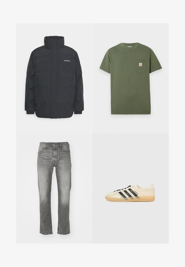 Černá zimní bunda s vysokým límcem, zipem vpředu a elastickými manžetami. Má kapsu a malé logo na hrudi. Texturovaný povrch.; Olivově zelené bavlněné tričko s kulatým výstřihem, krátkými rukávy a náprsní kapsou s logem. Čistý, minimalistický design.; Šedé denimové džíny se střihem rovného nohavice, vybavené zapínáním na knoflík, pěti kapsami a kontrastním šitím podél švů.; Světle krémové tenisky s černým designem tří pruhů,Texturovaný svršek, kulatá špička a gumová podešev. Obsahují šněrování a branding po straně.