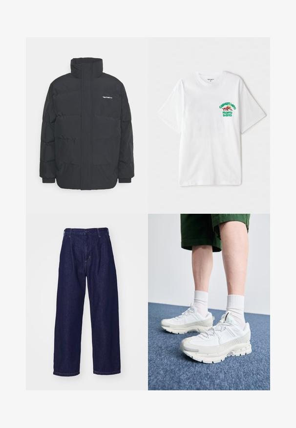 Černá zimní bunda s vysokým límcem, zipem vpředu a elastickými manžetami. Má kapsu a malé logo na hrudi. Texturovaný povrch.; Bílý bavlněný tričko s grafickým textem zelené a červené barvy na levé hrudi, který zní "cashart Who Pronto Subito." Krátké rukávy.; Tmavě modré džíny z denimu, široký střih, vysoký pas, s knoflíkovým zapínáním a klasickým pětipocket designem. Hladká textura, jemné prošívání.; Bílé sportovní boty s texturovanými překryvy, masivní podrážkou a šedými akcenty. Na nohou mají bílé ponožky a zelené šortky na modrém povrchu.