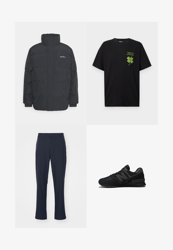 Giacca puffa nera con colletto alto, chiusura con zip frontale e polsini elastici. Presenta una tasca e un piccolo logo sul petto. Superficie testurizzata.; T-shirt di cotone nero con grafica di un quadrifoglio verde e la scritta "BUONA FORTUNA CON IL RESTO" sulla parte sinistra del petto.; Pantaloni tagliati blu navy in misto poliestere. Presentano una chiusura con bottone, tasche laterali e un design a gamba dritta.; Sneaker nera con parte superiore in camoscio e rete, suola spessa e logo 'N' prominente di lato. Design testurizzato con chiusura a lacci.