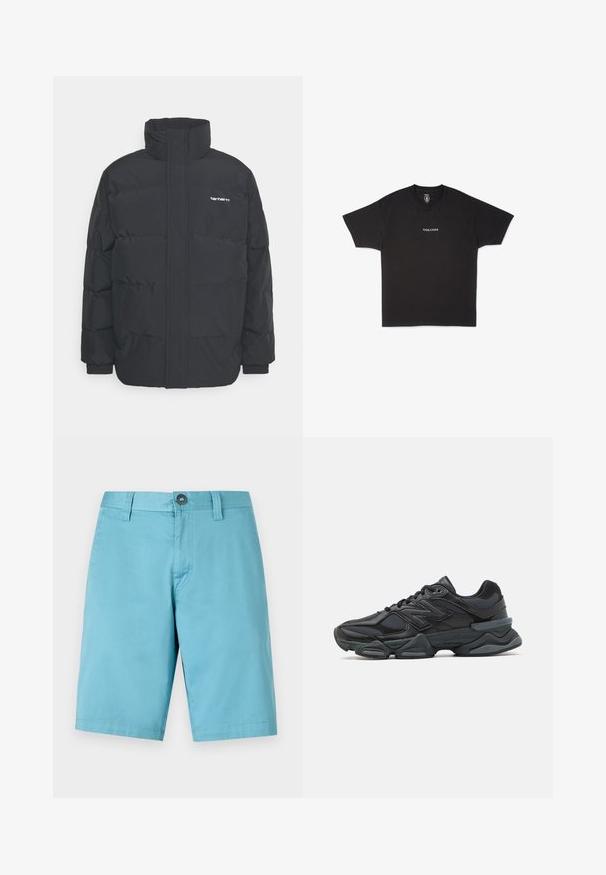Doudoune noire avec un col montant, fermeture éclair à l'avant et poignets élastiques. Comprend une poche et un petit logo sur la poitrine. Surface texturée.; T-shirt en coton noir avec un col rond et des manches courtes, arborant un petit logo "VOLCOM" blanc imprimé au centre devant.; Shorts bleu clair en tissu lisse. Présentent une fermeture à bouton et des passants de ceinture, avec une coupe droite qui descend jusqu'au genou.; Chaussure de course noire mettant en avant un mélange de mesh et de matériaux synthétiques, avec une semelle épaisse, un design arrondi et un logo bien visible sur le côté.