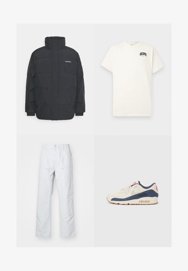 Mustam varrukas jope kõrge kaelusega, vipptõmblusega ja elastsete mansettidega. Omaduseks on tasku ja väike logo rinnal. Tekstuuritud pind.; Kreemivalge puuvillane t-särk lühikeste varrukatega, millel on rinnal musta ja punase tekstiga "NIKE SB". Tavaline ümmargune kaelus.; Heledad hall kaalu laiad püksid, mis on valmistatud puuvilla segakangast. Omavad kahte esist taskut, nähtavaid õmblusi ja kuldse tooni nööpe.; Kreem nahk ja tumesinise nubukiga ülaosa, millel on nähtav õhksool, beež kummist välistald ja punane aktsent kanna peal.