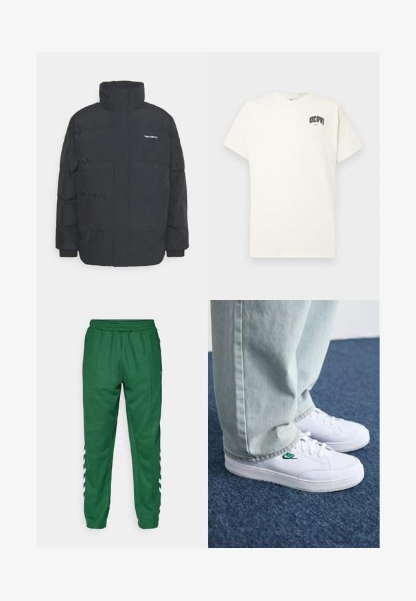 Casaco acolchoado preto com colarinho alto, fecho de correr à frente e punhos elásticos. Apresenta um bolso e um pequeno logótipo no peito. Superfície texturada.; T-shirt de algodão na cor creme com mangas curtas, apresentando "NIKE SB" em texto preto e vermelho no peito. Gola redonda padrão.; Calças de atletismo verdes com um cós elástico, bolsos laterais e riscas anguladas brancas nos lados inferiores. Textura de tecido suave.; Tênis de couro brancos com logo verde da Nike, bico redondo, sola plana, combinados com calças de denim azul claro, exibidos sobre um tapete azul.