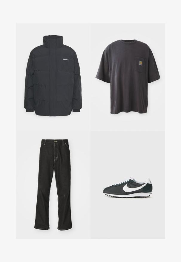 Chaqueta de plumas negra con cuello alto, cierre de cremallera frontal y puños elásticos. Cuenta con un bolsillo y un pequeño logo en el pecho. Superficie texturizada.; Camiseta de algodón negra con mangas cortas, un cuello redondo y un bolsillo en el pecho izquierdo con un parche de logo cuadrado. Diseño simple y sin adornos.; Jeans de mezclilla negra con un corte holgado, que cuentan con costuras blancas contrastantes, cierre de botón y un diseño de pierna recta.; Zapatillas Nike de malla negra con swoosh blanco, cordones blancos y detalles en ante verde oscuro. Presenta una suela de goma negra texturizada.