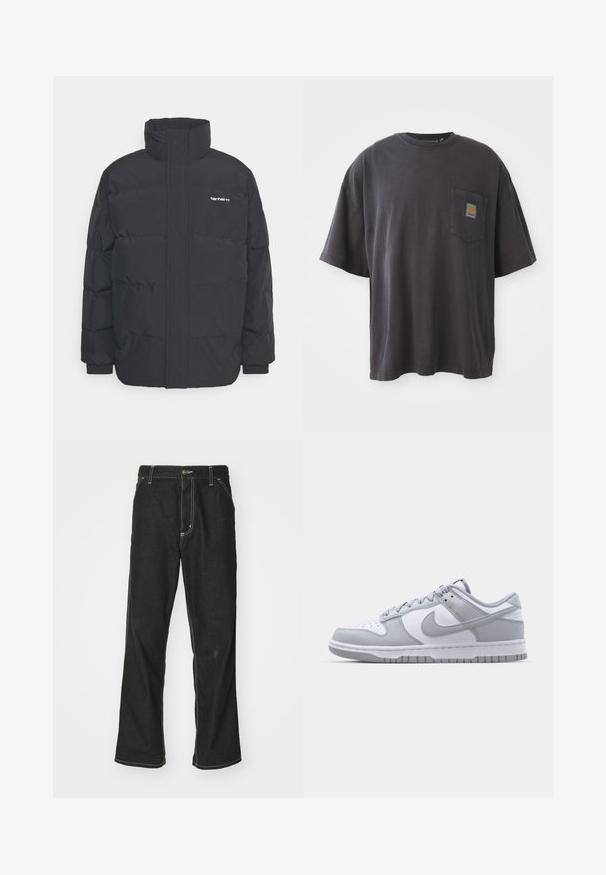 Črna puhasta jakna z visokim ovratnikom, z zadrgo spredaj in elastičnimi manšetami. Ima žep in majhen logotip na prsih. Teksturirana površina.; Črna bombažna majica s kratkimi rokavi, okroglim izrezom in žepom na levi strani prsi, ki vključuje kvadratno oznako. Preprost in neopazen dizajn.; Črne jeans hlače ohlapenega kroja, ki imajo kontrastno belo šivanje, zapiranje na gumb in ravno nogavico.; Sive in bele Nike Dunk Low teniske z gladkim usnjenim zgornjem delom, perforiranim prstnim delom, oblazinjenim ovratnikom in gumijastim podplatom.