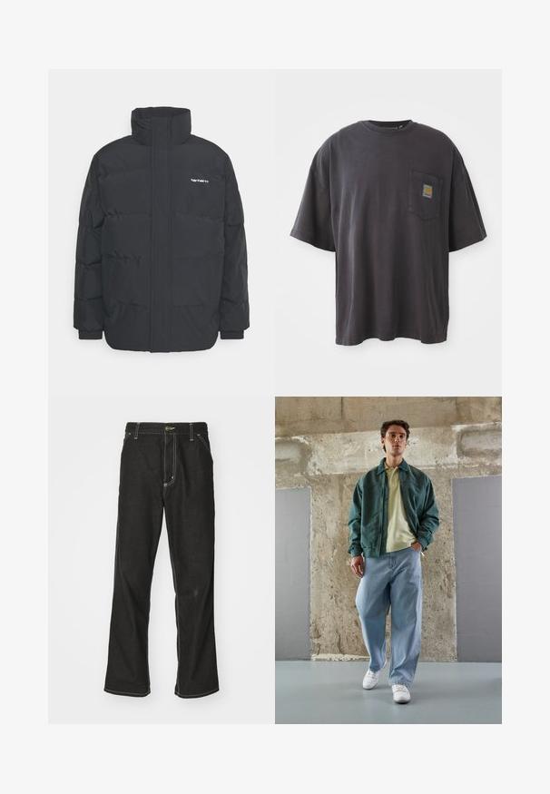 Jachetă puf black cu un guler înalt, închidere cu fermoar frontal și manșete elastice. Are un buzunar și un mic logo pe piept. Suprafață texturată.; Tricou negru din bumbac cu mâneci scurte, guler rotund și un buzunar pe piept stâng care prezintă un patch logo pătrat. Design simplu și fără decorațiuni.; Jeans negri din denim, cu o croială largă, cu cusături albe contrastante, închidere cu nasture și un design cu picior drept.; Jachetă bomber verde peste un polo galben deschis, asortată cu blugi largi albaștri și adidași albi. Fabrice netede, croială relaxată, accesorii minimale.