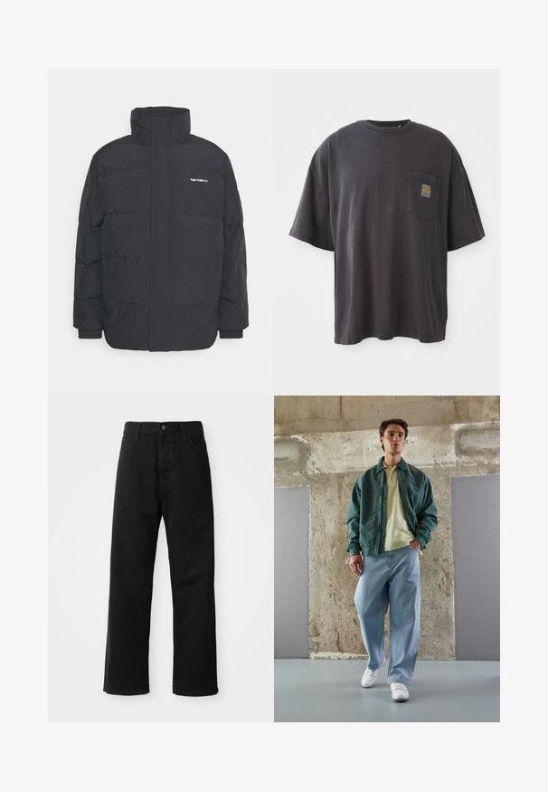 Musta puhvijaakku korkealla kauluksella, vetoketjukiinnitys edessä ja joustavat hihansuut. Varustettu taskulla ja pienellä logolla rintakehässä. Rakeinen pinta.; Mustat puuvillapaidat, joissa on lyhyet hihat, pyöreä kaula-aukko ja vasemmassa rinnassa tasku, jossa on neliölogo. Yksinkertainen ja koristelematon muotoilu.; Musta farkkushortsit suoran leikkauksen kanssa, joissa on etutaskut, vetoketjuläppä ja yksi yläpainike. Rakenteellinen kangas matta pinnalla.; Vihreä pommikoden takki vaalean keltaisen polo-paitaan päällä, yhdistettynä löysiin sinisiin farkkuihin ja valkoisiin lenkkareihin. Sileät kankaat, rento malli, minimaalinen varustus.