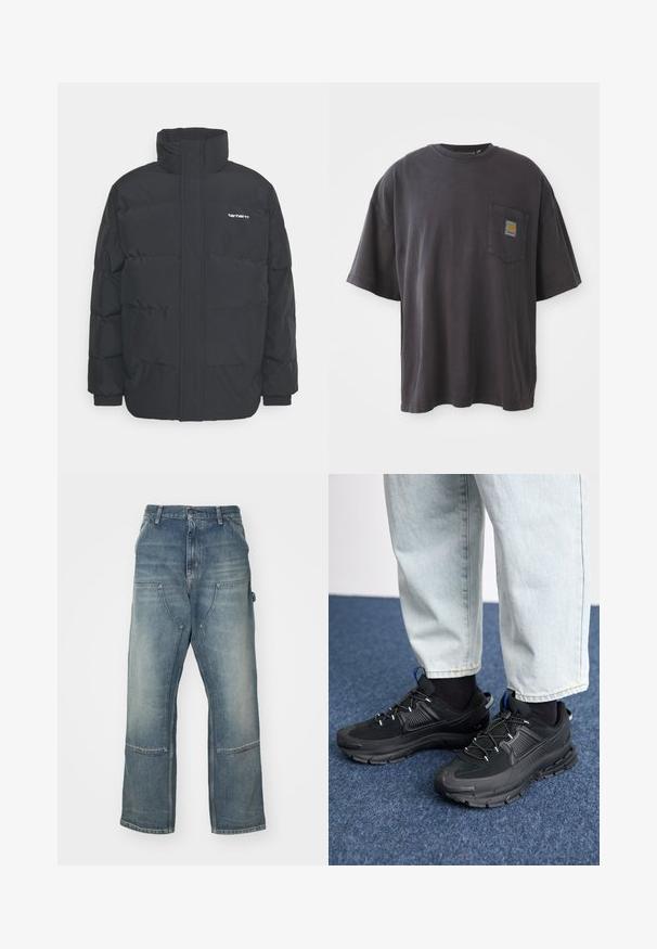 Crna puffer jakna s visokim ovratnikom, prednjim zatvaračem i elastičnim manžetama. Ima džep i mali logo na prsima. Teksturalna površina.; Crna pamučna majica s kratkim rukavima, okruglim izrezom i džepom na lijevoj strani grudnog koša s kvadratnom oznakom. Jednostavan i neukrašen dizajn.; Svijetloplave traperice s opuštenim fitom, izrađene od denima. Imaju široke nogavice, velike prednje džepove i detalje s kontrastnim šavovima.; Crne atletske cipele s teksturiranom tkaninom i gumene potplate, s elastičnim vezicama i plavim akcentom na peti. Nosene su s svijetlim trapericama.