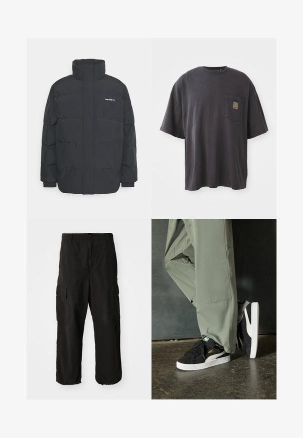 Čierna puffová bunda s vysokým golierom, zipom vpredu a elastickými manžetami. Obsahuje vrecko a malé logo na hrudi. Textúrovaný povrch.; Čierne bavlnené tričko s krátkymi rukávmi, okrúhlym výstrihom a vreckom na ľavej hrudi s štvorcovou nášivkou loga. Jednoduchý a nenáročný dizajn.; Čierne cargo nohavice vyrobené z mäkkého materiálu, s voľným strihom, bočnými vreckami a gombíkovým zapínaním. Spodný lem je manžetový.; Čierne semišové tenisky s bielymi gumovými podrážkami a postrannými prúžkami, v kombinácii s svetlozelenými cargo nohavicami, stojace na textúrovanom tmavom povrchu.