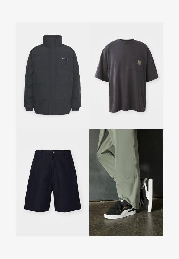 Juodas pūkinis švarkas su aukšta apykakle, užtrauktuku priekyje ir elastingomis rankovėmis. Yra kišenė ir mažas logotipas ant krūtinės. Tekstūruotas paviršius.; Juodos spalvos medvilnės marškinėliai su trumpomis rankovėmis, apvaliu iškirpimu ir kairėje krūtinės pusėje esančia kišenėle su kvadratine logotipo etikete. Paprastas ir nepuoštas dizainas.; Tamsiai mėlynos šortai, pagaminti iš lengvos medžiagos, su mygtuko uždarymu, diržo kilpomis ir tiesiu kojų siluetu. Minimalistinis stilius be raštų.; Juodi suede sportbačiai su baltais guminiais padais ir šoninėmis juostelėmis, derinami su šviesiai žaliais kargo kelnais, stovintys ant tekstūruoto tamsaus paviršiaus.
