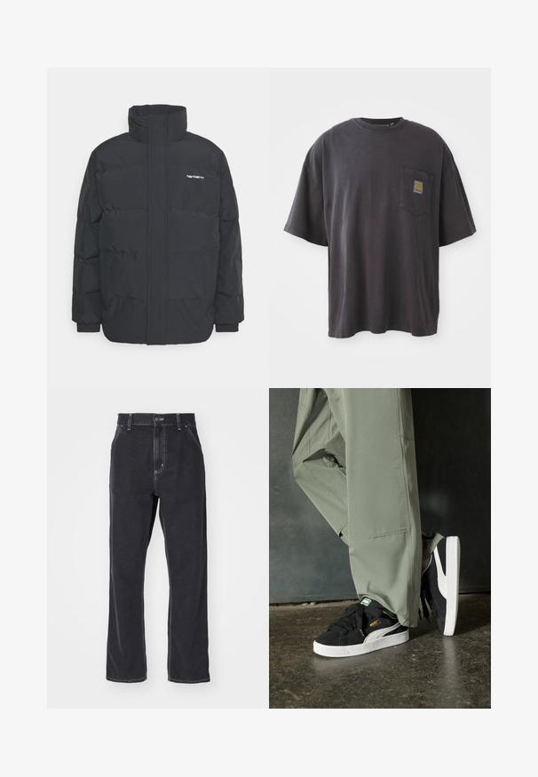 Mustam varrukas jope kõrge kaelusega, vipptõmblusega ja elastsete mansettidega. Omaduseks on tasku ja väike logo rinnal. Tekstuuritud pind.; Mustad must t-särk lühikeste varrukatega, ümar kaelus ja vasakul rinnal tasku ruudukujulise logoplaadi näitega. Lihtne ja ilma embellishmentsita disain.; Mustmustheegid musta värvi denim püksid sirge lõikega, varustatud tõmblukuga, viie taskuga ja kontrastõmblustega õmbluste ääres.; Mustad nubukist spordijalatsid valgete kummist tallade ja külgriidega, koos heleda rohelise cargo-pükstega, seistes tekstureeritud tumedal pinnasel.