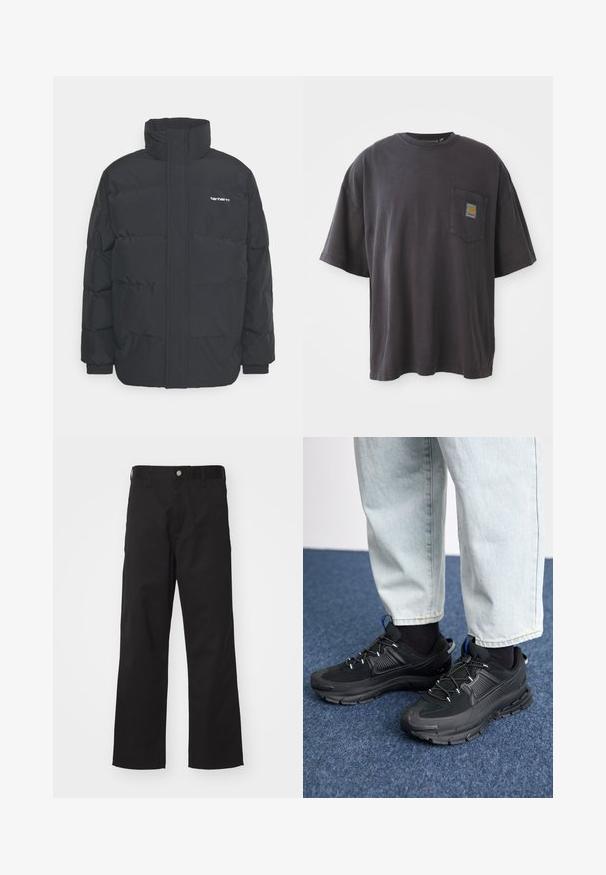 Mustam varrukas jope kõrge kaelusega, vipptõmblusega ja elastsete mansettidega. Omaduseks on tasku ja väike logo rinnal. Tekstuuritud pind.; Mustad must t-särk lühikeste varrukatega, ümar kaelus ja vasakul rinnal tasku ruudukujulise logoplaadi näitega. Lihtne ja ilma embellishmentsita disain.; Mustad musträbides valmistatud mustad püksid sirge lõikega, ees nuppe sulgemisega, vööniidid ja ilma nähtavate mustrite või aksessuaarideta.; Mustad mustad jooksukingad, millel on tekstureeritud kangas ja kummist tallad, elastsed nöörid ning sinine aksent kandadel. Kandmine heledate teksadega.