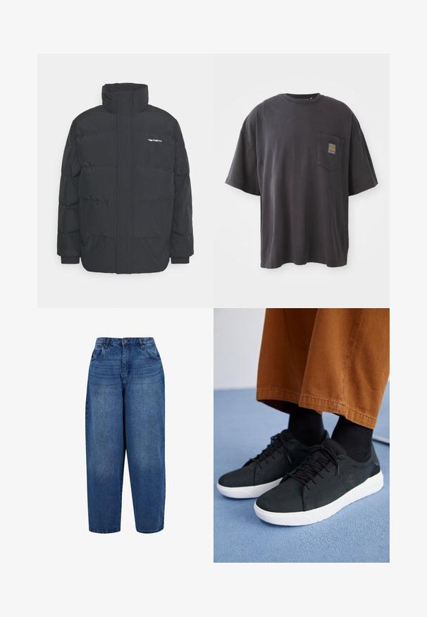 Čierna puffová bunda s vysokým golierom, zipom vpredu a elastickými manžetami. Obsahuje vrecko a malé logo na hrudi. Textúrovaný povrch.; Čierne bavlnené tričko s krátkymi rukávmi, okrúhlym výstrihom a vreckom na ľavej hrudi s štvorcovou nášivkou loga. Jednoduchý a nenáročný dizajn.; Vysoké riflové nohavice s rovnými nohavicami v stredne modrej denimovej farbe. Zahrňuje dizajn s piatimi vreckami, kovové zapínanie na gombík a dvojité prešitie lemu.; Čierne zamatové tenisky s bielymi gumovými podrážkami, so šnurovacím dizajnom, textúrovanými akcentami a decentným brandingom, skombinované s hnedými nohavicami.