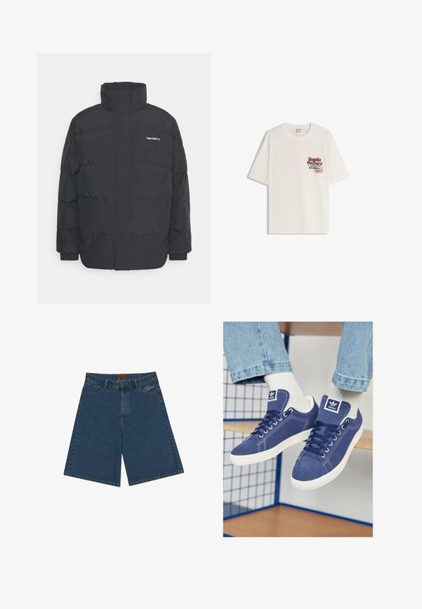 Fekete puffKabát magas nyakkal, cipzáros előlappal és rugalmas mandzsettával. Tartalmaz egy zsebet és egy kis logót a mellkason. Texturált felület.; Fehér pamut póló rövid ujjakkal és kerek nyakkivágással. Az elülső bal mellkas részen piros és fekete szöveggel nyomtatott grafika található.; Sötétkék farmert nadrág, közepes derékkal, patentgombos záródással, elülső zsebekkel és hímzett logóval a bal oldalon.; Sötétkék Adidas sportcipő, ami hasított bőrből készült, fehér gumi talppal, kerek orral és logóval ellátott nyelvvel. Élénk fehér zokni látható.