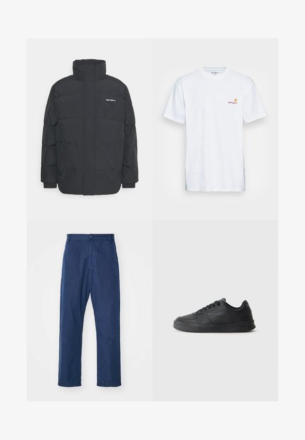 Fekete puffKabát magas nyakkal, cipzáros előlappal és rugalmas mandzsettával. Tartalmaz egy zsebet és egy kis logót a mellkason. Texturált felület.; Fehér pamut póló rövid ujjakkal. A bal mellet egy kis narancssárga és bordó logó díszíti. Klasszikus kerek nyakkivágással rendelkezik.; Tengerészkék, egyenes lábú, pamut nadrág. Elöl gombos záródással és finom textúrával rendelkezik, oldalzsebekkel és övhurkokkal.; Fekete sportcipő sima szintetikus felsőrésszel, lapos gumitalppal, kerek orral és fűzős záródással, az oldalán logórészlettel.