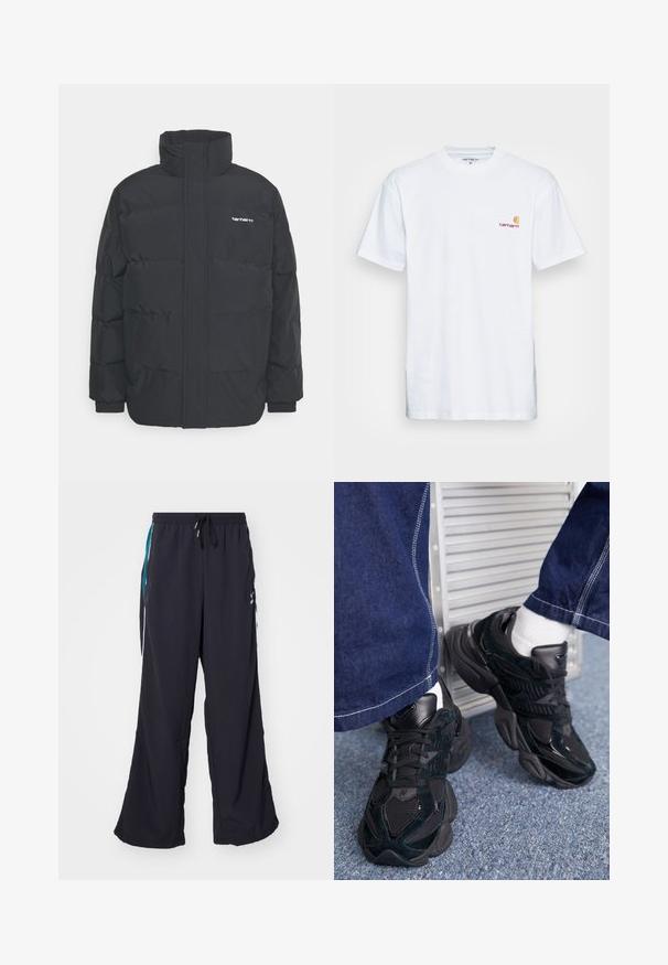 Čierna puffová bunda s vysokým golierom, zipom vpredu a elastickými manžetami. Obsahuje vrecko a malé logo na hrudi. Textúrovaný povrch.; Biala bavlnená tričko s krátkymi rukávmi. Navrhnuté s malým oranžovým a vínovým logom na ľavej strane hrude. Obsahuje klasický crew neck.; Puma PLAY PARIS TRACK PANTS - Tepláky - black; Čierne tenisky so kombináciou textúrovaných a hladkých materiálov, výrazným šnurovaním a robustnou podrážkou, v kombinácii s tmavými denimovými nohavicami.