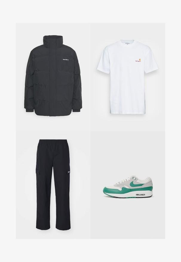 Zwarte pufferjas met een hoge kraag, rits aan de voorkant en elastische manchetten. Bevat een zak en een klein logo op de borst. Getextureerd oppervlak.; Witte katoenen t-shirt met korte mouwen. Ontworpen met een klein oranje en kastanjebruin logo op de linkerkant van de borst. Heeft een klassieke ronde hals.; Ellesse TERATILO - Cargobroek - black; Nike Air Max 1 sneakers met een grijze mesh bovenkant, groene leren accenten, witte veters en een zichtbare luchtunit in de zool.