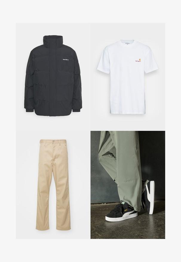 Schwarze Daunenjacke mit hohem Kragen, Reißverschluss vorne und elastischen Bündchen. Verfügt über eine Tasche und ein kleines Logo auf der Brust. Strukturiert Oberfläche.; Weißes Baumwoll-T-Shirt mit kurzen Ärmeln. Entworfen mit einem kleinen orangefarbenen und kastanienbraunen Logo auf der linken Brust. Verfügt über einen klassischen Rundhalsausschnitt.; Beige Baumwollhose mit geradem Bein, ausgestattet mit einem Knopfverschluss vorne, Gürtelschlaufen und zwei Seitentaschen. Glatte Textur.; Schwarze Wildleder-Sneaker mit weißen Gummisohlen und seitlichen Streifen, kombiniert mit hellgrünen Cargo-Hosen, stehen auf einer strukturierten dunklen Oberfläche.