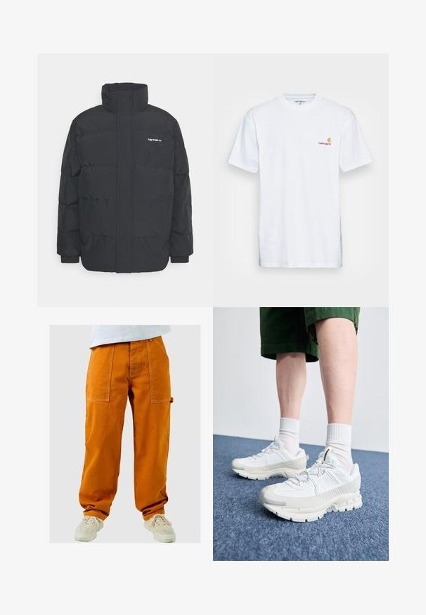 Čierna puffová bunda s vysokým golierom, zipom vpredu a elastickými manžetami. Obsahuje vrecko a malé logo na hrudi. Textúrovaný povrch.; Biala bavlnená tričko s krátkymi rukávmi. Navrhnuté s malým oranžovým a vínovým logom na ľavej strane hrude. Obsahuje klasický crew neck.; Oranžové cargo nohavice vo voľnom strihu, s viacerými vreckami a kontrastným šitím. Nosí sa s bielymi teniskami.; Biele športové topánky s textúrovanými prešívaniami, robustnou podrážkou a sivými akcentami. Nosené s bielymi ponožkami po členky a zelenými šortkami na modrom povrchu.