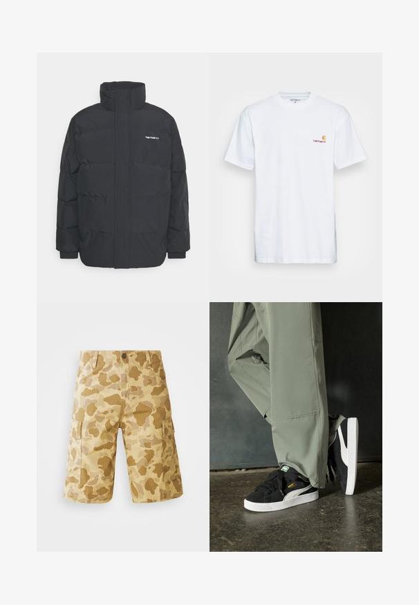 Fekete puffKabát magas nyakkal, cipzáros előlappal és rugalmas mandzsettával. Tartalmaz egy zsebet és egy kis logót a mellkason. Texturált felület.; Fehér pamut póló rövid ujjakkal. A bal mellet egy kis narancssárga és bordó logó díszíti. Klasszikus kerek nyakkivágással rendelkezik.; Barna árnyalatú kamuflázs mintájú bézs cargo sort, oldalsó zsebekkel, gombos derékpánttal és függőleges bordázott textúrával.; Fekete velúr sportcipők fehér gumitalppal és oldalsávokkal, világos zöld cargo nadrággal párosítva, egy textúrált sötét felületen állva.