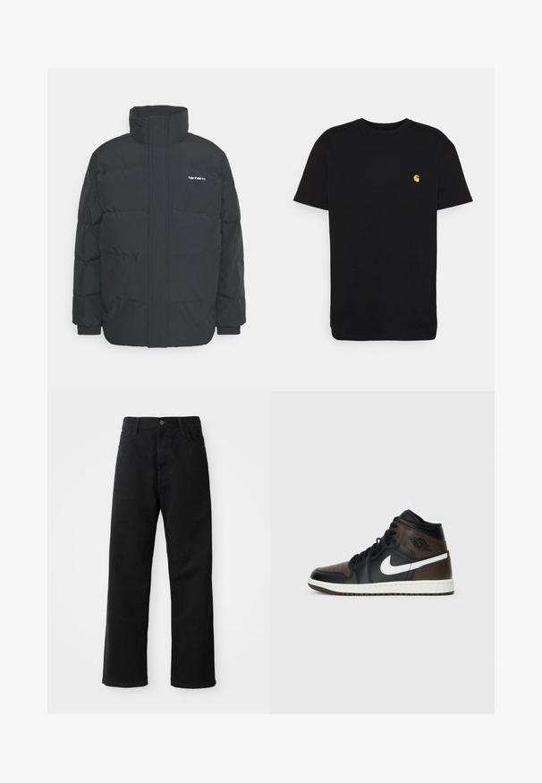 Čierna puffová bunda s vysokým golierom, zipom vpredu a elastickými manžetami. Obsahuje vrecko a malé logo na hrudi. Textúrovaný povrch.; Čierne bavlnené tričko s krátkymi rukávmi, okrúhlym výstrihom a malým žltým logom na ľavej strane hrude. Jednoduchý dizajn a bežný strih.; Čierne denimové nohavice so rovným strihom, vystúpené predné vrecká, zips a jedno horné gombík. Štruktúrovaná tkanina s matným povrchom.; Čierne a hnedé vysoké tenisky s koženým povrchom, bielym logom swoosh, perforovanou špičkou a gumovou podrážkou. Majú čierne šnúrky a golier.