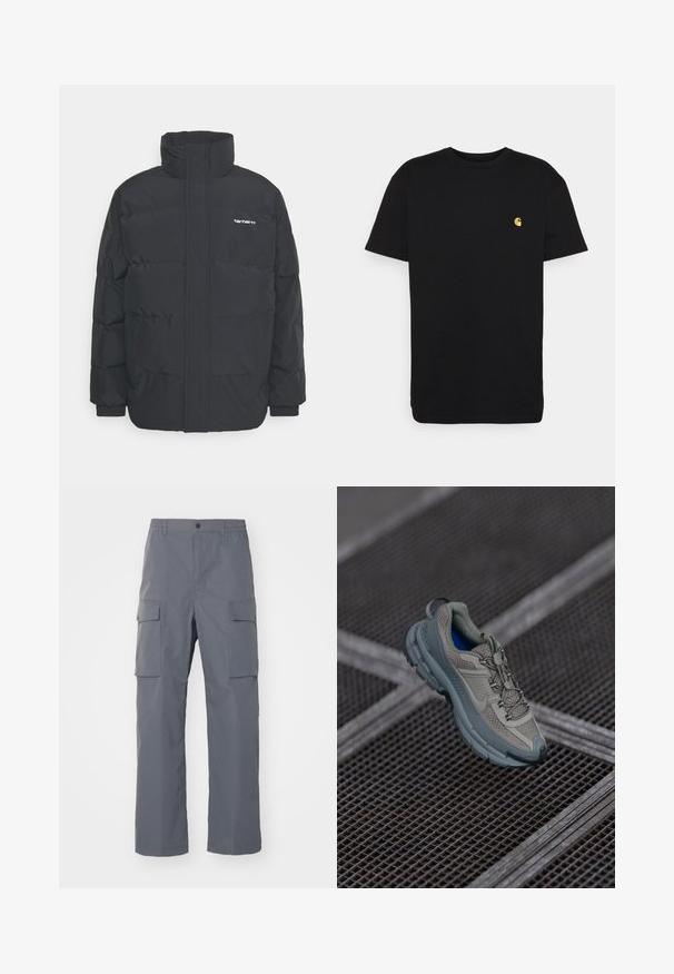Doudoune noire avec un col montant, fermeture éclair à l'avant et poignets élastiques. Comprend une poche et un petit logo sur la poitrine. Surface texturée.; T-shirt en coton noir à manches courtes, col rond, avec un petit logo jaune sur la partie gauche de la poitrine. Design simple et coupe régulière.; Pantalons cargo gris en tissu résistant. Les caractéristiques incluent une taille élastique, deux grandes poches latérales et une coupe droite.; Chaussure de sport beige et grise avec une tige en maille texturée, un bout arrondi et une semelle en caoutchouc, comportant des lacets et un col rembourré.