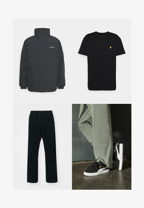 Black puffer jacket with a high collar, zip front, and elastic cuffs. Features a pocket and a small logo on the chest. Textured surface.; Black cotton t-shirt with short sleeves, crew neck, and a small yellow logo on the left chest area. Simple design and regular fit.; Carhartt WIP FLOYDE PANT - Trousers - black rinsed; Black suede sneakers with white rubber soles and side stripes, paired with light green cargo pants, standing on a textured dark surface.