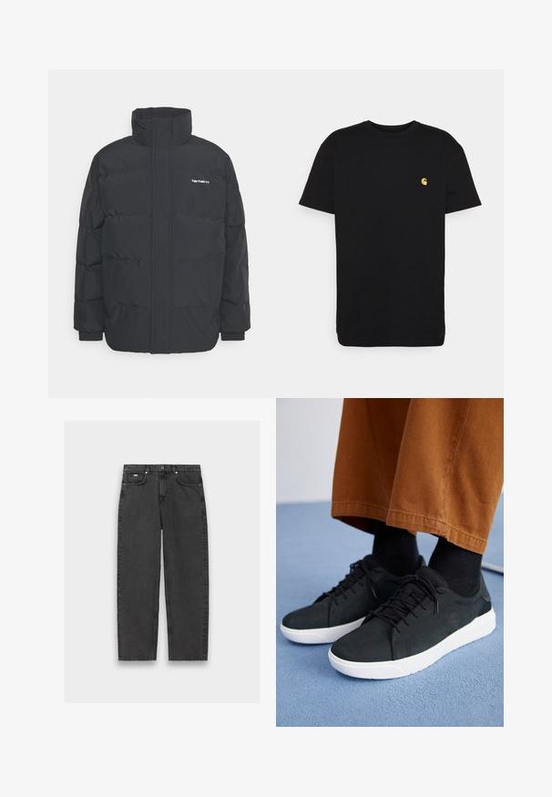 Black puffer jacket with a high collar, zip front, and elastic cuffs. Features a pocket and a small logo on the chest. Textured surface.; Black cotton t-shirt with short sleeves, crew neck, and a small yellow logo on the left chest area. Simple design and regular fit.; Black straight-leg jeans with five pockets, button closure, and visible stitching laid flat on a neutral background.; Black suede sneakers with white rubber soles, featuring lace-up design, textured accents, and subtle branding, paired with brown pants.