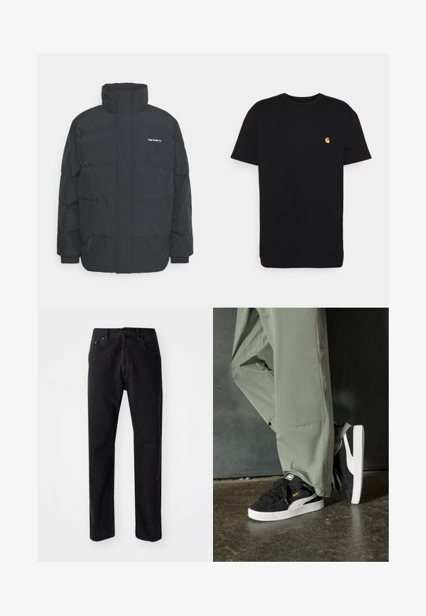 Black puffer jacket with a high collar, zip front, and elastic cuffs. Features a pocket and a small logo on the chest. Textured surface.; Black cotton t-shirt with short sleeves, crew neck, and a small yellow logo on the left chest area. Simple design and regular fit.; Black denim jeans with a straight cut, five pockets, and a button closure. Features visible stitching and a soft, textured fabric.; Black suede sneakers with white rubber soles and side stripes, paired with light green cargo pants, standing on a textured dark surface.