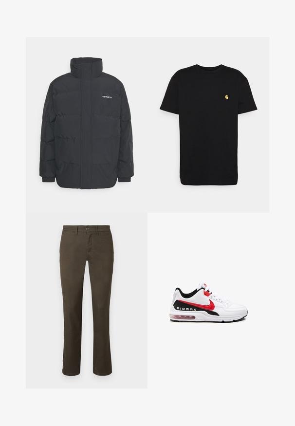 Schwarze Daunenjacke mit hohem Kragen, Reißverschluss vorne und elastischen Bündchen. Verfügt über eine Tasche und ein kleines Logo auf der Brust. Strukturiert Oberfläche.; Schwarzes Baumwoll-T-Shirt mit kurzen Ärmeln, Rundhalsausschnitt und einem kleinen gelben Logo im linken Brustbereich. Einfaches Design und normale Passform.; Dunkelbraune Hosen aus Baumwollmischung. Verfügt über einen Knopfverschluss, ein gerades Bein-Design und eine subtile Textur ohne sichtbare Muster oder Verzierungen.; Weißer Sportschuh mit schwarz-roten Akzenten, ausgestattet mit einem glatten Leder-Obermaterial, Schnürung vorne und sichtbarer Luftpolsterung in der Sohle.