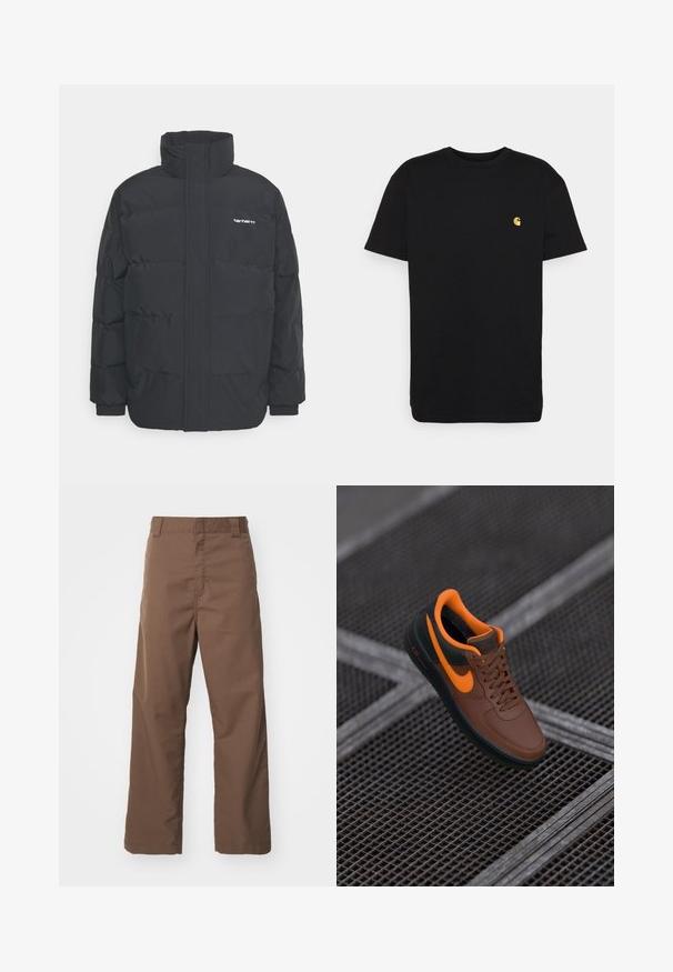 Czarna kurtka puchowa z wysoką kołnierzem, zamkiem z przodu i elastycznymi mankietami. Posiada kieszeń oraz małe logo na piersi. Teksturowana powierzchnia.; Czarna bawełniana koszulka z krótkim rękawem, okrągłym dekoltem i małym żółtym logo na lewej piersi. Prosty design i regularny krój.; Brązowe spodnie o prostych nogawkach, wykonane z trwałego materiału o gładkiej teksturze. Posiadają szlufki na pasek i płaską przednią część, odpowiednie do codziennego użytku.; Brązowe skórzane trampki z pomarańczowymi akcentami, okrągły czubek, sznurowany fason i teksturowana powierzchnia. Zielona gumowa podeszwa z widocznym logo "AIR".