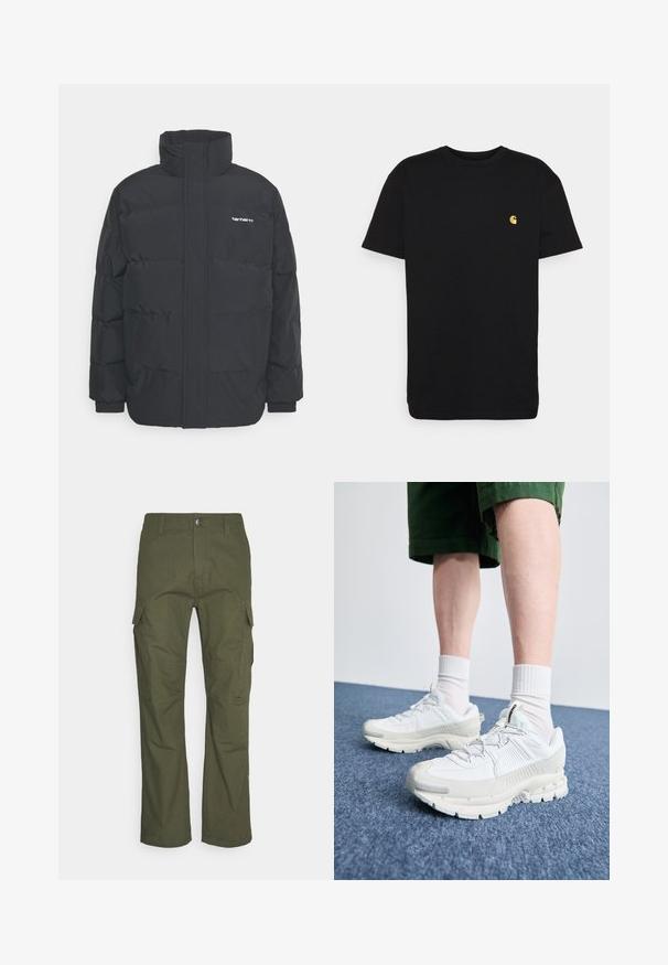 Casaco acolchoado preto com colarinho alto, fecho de correr à frente e punhos elásticos. Apresenta um bolso e um pequeno logótipo no peito. Superfície texturada.; T-shirt de algodão preto com mangas curtas, decote redondo e um pequeno logótipo amarelo na área do peito esquerdo. Design simples e ajuste regular.; Calças cargo em verde oliva escuro, com múltiplos bolsos laterais, um corte reto e um tecido durável com um acabamento texturizado.; Sapatos atléticos brancos com sobreposições texturizadas, sola espessa e detalhes em cinza. Usados com meias brancas até ao tornozelo e calções verdes sobre uma superfície azul.