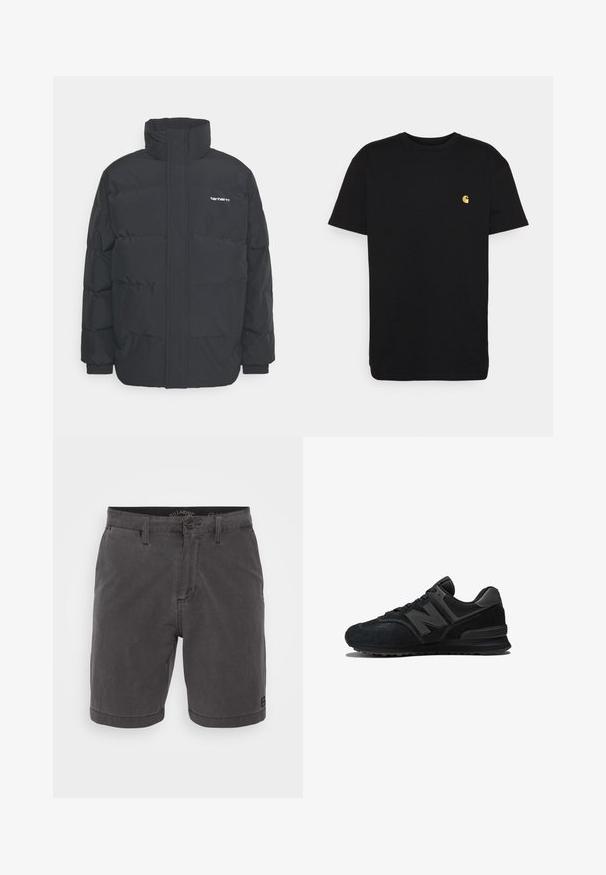 Schwarze Daunenjacke mit hohem Kragen, Reißverschluss vorne und elastischen Bündchen. Verfügt über eine Tasche und ein kleines Logo auf der Brust. Strukturiert Oberfläche.; Schwarzes Baumwoll-T-Shirt mit kurzen Ärmeln, Rundhalsausschnitt und einem kleinen gelben Logo im linken Brustbereich. Einfaches Design und normale Passform.; Graue Baumwollshorts mit Knopfverschluss, vier Taschen und einem gewebten Etikett am Saum, mit geradem Schnitt und glatter Textur.; Schwarzer Sneaker mit einem Obermaterial aus Wildleder und Mesh, dicker Sohle und auffälligem 'N'-Logo an der Seite. Strukturiertes Design mit Schnürverschluss.