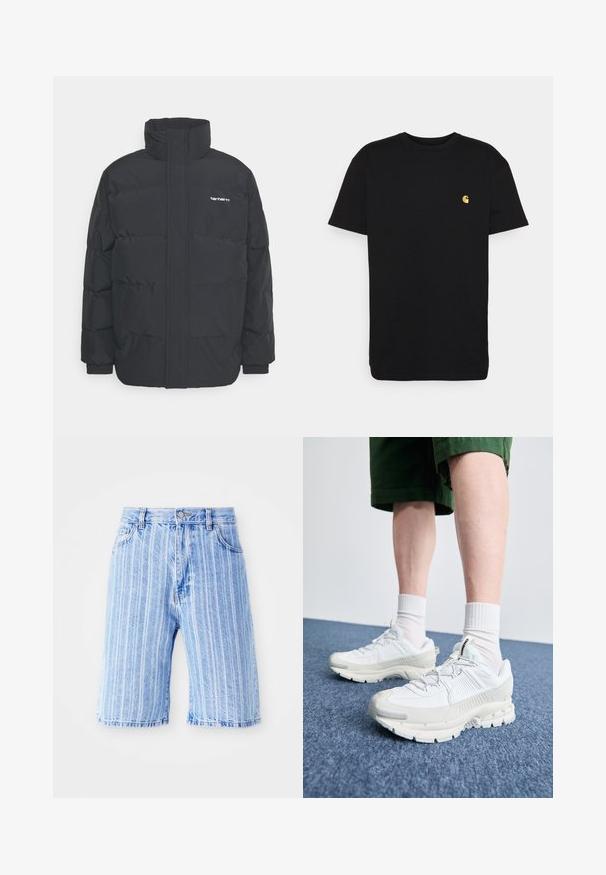 Black puffer jacket with a high collar, zip front, and elastic cuffs. Features a pocket and a small logo on the chest. Textured surface.; Black cotton t-shirt with short sleeves, crew neck, and a small yellow logo on the left chest area. Simple design and regular fit.; Light blue denim shorts with vertical white stripes, featuring a classic five-pocket design and a button closure at the waist.; White athletic shoes with textured overlays, a chunky sole, and gray accents. Worn with white crew socks and green shorts on a blue surface.