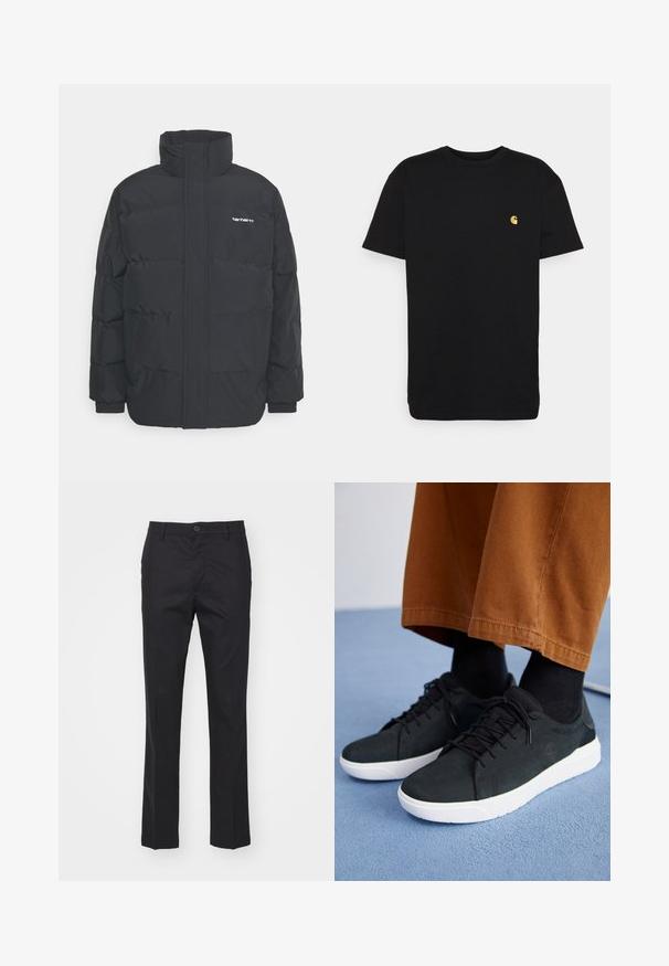 Juodas pūkinis švarkas su aukšta apykakle, užtrauktuku priekyje ir elastingomis rankovėmis. Yra kišenė ir mažas logotipas ant krūtinės. Tekstūruotas paviršius.; Juodas medvilnės marškinėliai trumpomis rankovėmis, apvaliu kaklu ir maža geltona logo kairėje krūtinės pusėje. Paprastas dizainas ir įprasta apimtis.; Juodos kelnės iš lygaus audinio, su tiesaus kirpimo dizainu, priekinėmis kišenėmis ir vieno mygtuko užsegimu juosmens srityje.; Juodi zomšiniai sneakeriai su baltais guminiais padais, su raištelių uždėjimo dizainu, tekstūruotais akcentais ir subtiliu prekių ženklu, derinami su rudomis kelnėmis.