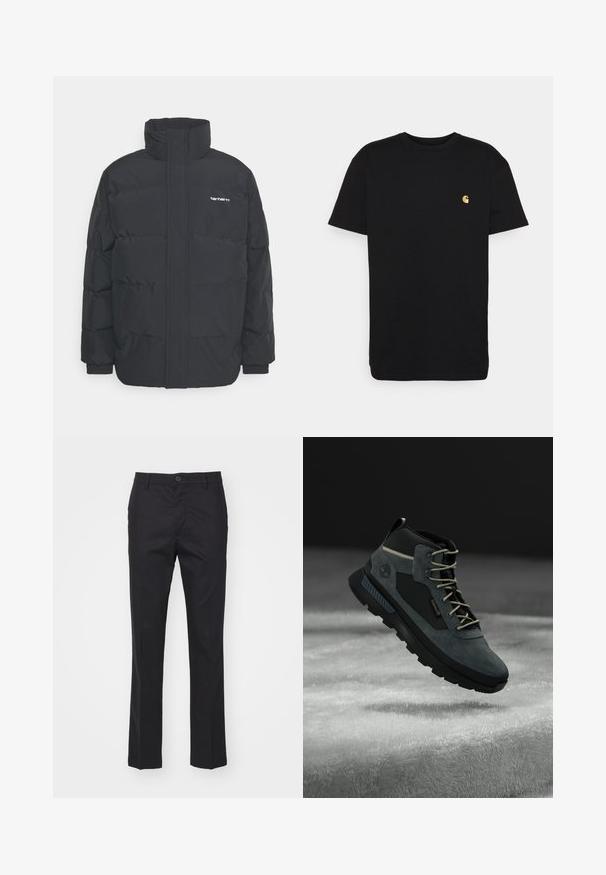 Crna puffer jakna s visokim ovratnikom, prednjim zatvaračem i elastičnim manžetama. Ima džep i mali logo na prsima. Teksturalna površina.; Crna pamučna majica s kratkim rukavima, okruglim izrezom i malim žutim logotipom na lijevoj strani prsa. Jednostavan dizajn i običan kroj.; Crne hlače od glatkog materijala, s ravnim krojem, prednjim džepovima i jednim kopčanjem na struku.; Tamnosive planinarske čizme koje sadrže kombinaciju antilopa i sintetičkih materijala, podstavljeni ovratnik, bež vezice i čvrsti gumeni đon za dobar zahvat.