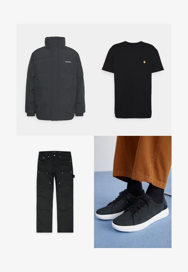 Black puffer jacket with a high collar, zip front, and elastic cuffs. Features a pocket and a small logo on the chest. Textured surface.; Black cotton t-shirt with short sleeves, crew neck, and a small yellow logo on the left chest area. Simple design and regular fit.; Black denim work pants with a straight fit, multiple front pockets, silver hardware, and reinforced knee areas. Smooth texture and sturdy design.; Black suede sneakers with white rubber soles, featuring lace-up design, textured accents, and subtle branding, paired with brown pants.