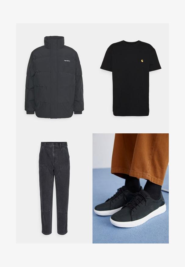 Černá zimní bunda s vysokým límcem, zipem vpředu a elastickými manžetami. Má kapsu a malé logo na hrudi. Texturovaný povrch.; Černé bavlněné tričko s krátkým rukávem, kulatým výstřihem a malým žlutým logem na levé části hrudi. Jednoduchý design a klasický střih.; Černé džíny z denimu s vysokým pasem, rovnými nohavicemi a velkými předními kapsami. Mají kontrastní švy a žádné viditelné logo.; Černé semišové tenisky s bílými gumovými podešvemi, s šněrovacím designem, texturovanými detaily a jemným logem, spárované s hnědými kalhotami.