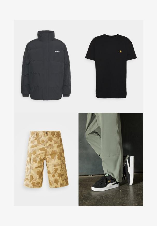 Giacca puffa nera con colletto alto, chiusura con zip frontale e polsini elastici. Presenta una tasca e un piccolo logo sul petto. Superficie testurizzata.; T-shirt nera in cotone con maniche corte, colletto rotondo e un piccolo logo giallo sulla zona sinistra del petto. Design semplice e vestibilità regolare.; Bermuda cargo beige con un motivo camouflage in diverse tonalità di marrone, dotate di tasche laterali, una vita con bottone e una texture a righe verticali.; Sneaker in suede nero con suole in gomma bianca e strisce laterali, abbinate a pantaloni cargo verde chiaro, in piedi su una superficie scura e texture.