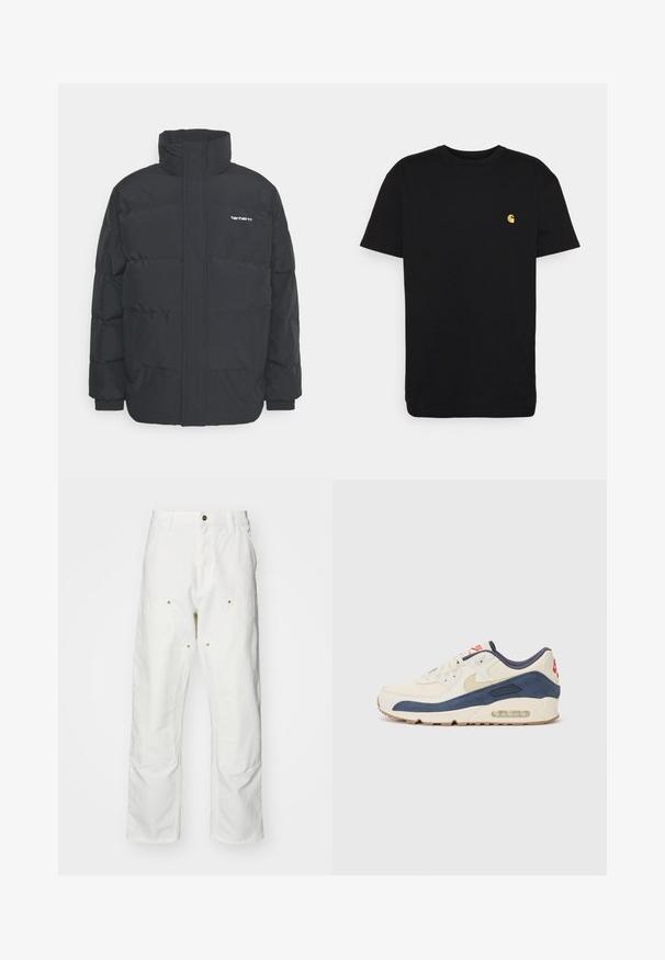 Zwarte pufferjas met een hoge kraag, rits aan de voorkant en elastische manchetten. Bevat een zak en een klein logo op de borst. Getextureerd oppervlak.; Zwarte katoenen t-shirt met korte mouwen, ronde hals en een klein geel logo op de linker borst. Eenvoudig ontwerp en normale pasvorm.; Witte katoenen cargobroeken met een relaxte pasvorm. Kenmerken zijn onder andere voorzakken, gouden hardware accenten en versterkte kniezones.; Sneakers met een crème leren en marineblauwe suède bovenkant, voorzien van een zichtbare luchtzool, beige rubberen buitenzool en een rode accent op de hiel.