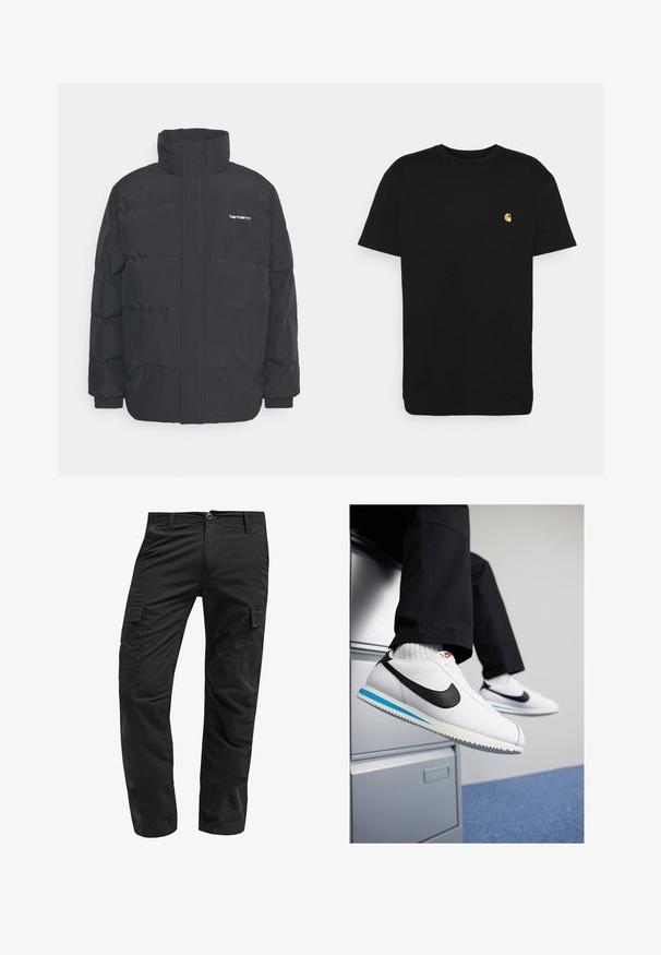 Black puffer jacket with a high collar, zip front, and elastic cuffs. Features a pocket and a small logo on the chest. Textured surface.; Black cotton t-shirt with short sleeves, crew neck, and a small yellow logo on the left chest area. Simple design and regular fit.; Black cargo pants with a straight cut, made from durable fabric, featuring multiple side pockets and a button closure at the waist.; White leather sneakers with a black Nike swoosh, light blue and grey rubber sole, and classic lace-up design. Feet resting on a filing cabinet.