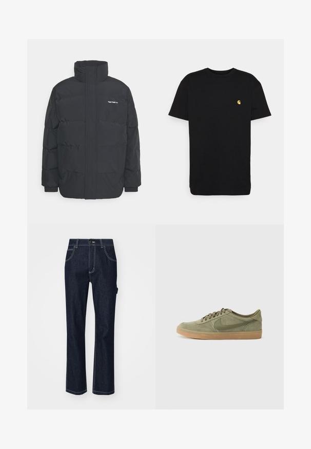 Sort pufferjakke med høj krave, lynlås foran og elastiske manchetter. Har en lomme og et lille logo på brystet. Tekstureret overflade.; Sort bomulds t-shirt med korte ærmer, rund halsudskæring og et lille gult logo på venstre brystområde. Enkel design og almindelig pasform.; Mørkeblå denim jeans med lige ben-design, som har fem lommer, kontrastsyning og en knaplukning i taljen.; Grønne nubuck sneakers med gummirubbersål, rund tå og snørebåndsdesign. Har Nikes signaturlogo i en mørkere grøn.