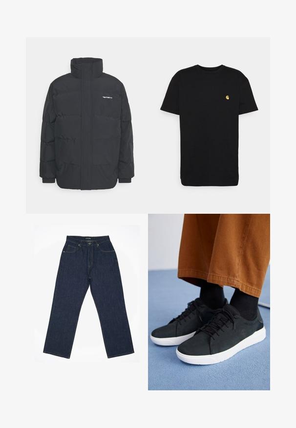 Juodas pūkinis švarkas su aukšta apykakle, užtrauktuku priekyje ir elastingomis rankovėmis. Yra kišenė ir mažas logotipas ant krūtinės. Tekstūruotas paviršius.; Juodas medvilnės marškinėliai trumpomis rankovėmis, apvaliu kaklu ir maža geltona logo kairėje krūtinės pusėje. Paprastas dizainas ir įprasta apimtis.; Tamsiai mėlyni džinsai su tiesių kojų dizainu, su geltonomis siūlėmis, penkiais kišenėmis ir mygtuko uždarymu juosmenyje.; Juodi zomšiniai sneakeriai su baltais guminiais padais, su raištelių uždėjimo dizainu, tekstūruotais akcentais ir subtiliu prekių ženklu, derinami su rudomis kelnėmis.
