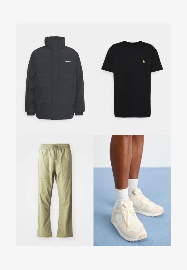 Mustam varrukas jope kõrge kaelusega, vipptõmblusega ja elastsete mansettidega. Omaduseks on tasku ja väike logo rinnal. Tekstuuritud pind.; Must must tee, lühikeste varrukatega, ümar kaelus ja vasakul rinnal väike kollane logo. Lihtne disain ja regulaarne istuvus.; Oliivroheline, kerge cargo teksad, millel on reguleeritav vöökoht, kaks eesmist taskut ja mugav lõige. Sile puuvillane kangas, sirge jala disain.; Heledad beezid spordijalatsid, millel on võrgu- ja nahkdetailid. Omab logo, nööpimise disaini ning pehmendatud talla. Kanda valgete sokkidega.