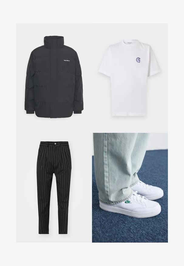 Black puffer jacket with a high collar, zip front, and elastic cuffs. Features a pocket and a small logo on the chest. Textured surface.; White cotton t-shirt with short sleeves, round neckline, and a small, embroidered blue "C" logo on the left chest area.; Black pinstriped trousers with a tailored fit, featuring a front button closure, belt loops, and a smooth fabric texture.; White leather sneakers with green Nike logo, round toe, flat sole, paired with light blue denim pants, shown on a blue carpet.