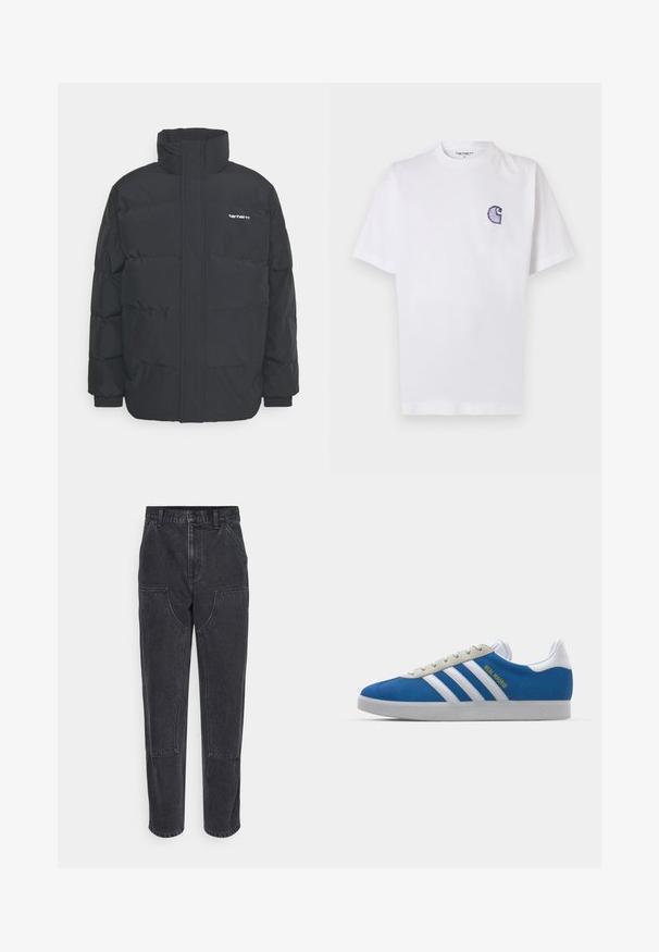 Czarna kurtka puchowa z wysoką kołnierzem, zamkiem z przodu i elastycznymi mankietami. Posiada kieszeń oraz małe logo na piersi. Teksturowana powierzchnia.; Biała bawełniana koszulka z krótkimi rękawami, okrągłym dekoltem i małym, niebieskim haftowanym logo "C" na lewej stronie klatki piersiowej.; Czarne dżinsy o wysokim stanie, prostym kroju nogawki i dużych przednich kieszeniach. Posiadają kontrastowe szwy i brak widocznych logotypów.; adidas Originals GAZELLE niebieski