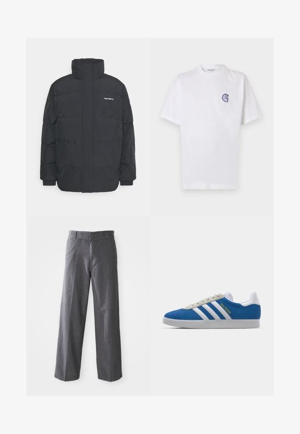 Mustam varrukas jope kõrge kaelusega, vipptõmblusega ja elastsete mansettidega. Omaduseks on tasku ja väike logo rinnal. Tekstuuritud pind.; Valge puuvillane t-särk lühikeste varrukatega, ümara kaelusega ja vasakul rinnal väike tikitud sinine "C" logo.; Halli hallilõikega hallid triibulised laiad püksid, millel on vöökohad, lame eesmine osa ja sirged allääred, esitletud valge taustaga.; adidas Originals ADIDAS GAZELLE SHOES - Saalijalgpalli saapad - real madrid/bluebird/footwear white/crew yellow