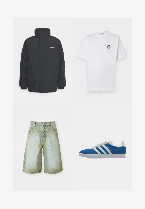 Schwarze Daunenjacke mit hohem Kragen, Reißverschluss vorne und elastischen Bündchen. Verfügt über eine Tasche und ein kleines Logo auf der Brust. Strukturiert Oberfläche.; Weißes Baumwoll-T-Shirt mit kurzen Ärmeln, rundem Halsausschnitt und einem kleinen, gestickten blauen "C"-Logo auf der linken Brustseite.; Jeansshorts mit einem strukturierten Muster, hellblauem bis grünem Farbverlauf, klassischem Fünf-Taschen-Design und Metallknopfverschluss.; adidas Originals ADIDAS GAZELLE SHOES - Indoor-Fußballschuhe - real madrid/bluebird/footwear white/crew yellow